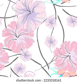 Pink Flowers Blooming Pattern. Pastel Watercolor Floral Print. Little Pink, Yellow, Lilac flower on grey leaf. Elegant brush Background. Seamless Botanical Vector Surface. Texture For Fashion Prints.