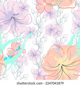Patrón De Florecimiento De Flores Rosadas. Impresión floral de color de agua pastel. Flor rosada, amarilla, lagaríaca en hojas grises. Fondo elegante del pincel Superficie de vectores botánicos impecable. Textura Para Las Impresiones De Moda.