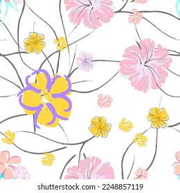 Patrón De Florecimiento De Flores Rosadas. Impresión floral de color de agua pastel. Flor rosada, amarilla, lagaríaca en hojas grises. Fondo elegante del pincel Superficie de vectores botánicos impecable. Textura Para Las Impresiones De Moda.