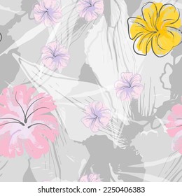 Pink Flowers Blooming Pattern. Pastel Watercolor Floral Print. Little Pink, Yellow, Lilac flower on grey leaf. Elegant brush Background. Seamless Botanical Vector Surface. Texture For Fashion Prints.