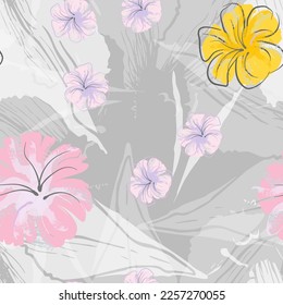 Patrón De Florecimiento De Flores Rosadas. Impresión floral de color de agua pastel. Flor rosada, amarilla, lagaríaca en hojas grises. Fondo elegante del pincel Superficie de vectores botánicos impecable. Textura Para Las Impresiones De Moda.