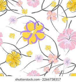 Patrón De Florecimiento De Flores Rosadas. Impresión floral de color de agua pastel. Flor rosada, amarilla, lagaríaca en hojas grises. Fondo elegante del pincel Superficie de vectores botánicos impecable. Textura Para Las Impresiones De Moda.