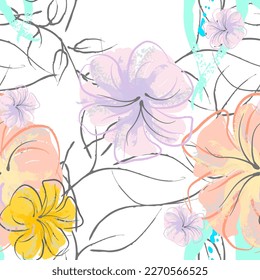 Pink Flowers Blooming Pattern. Pastel Watercolor Floral Print. Little Pink, Yellow, Lilac flower on grey leaf. Elegant brush Background. Seamless Botanical Vector Surface. Texture For Fashion Prints.