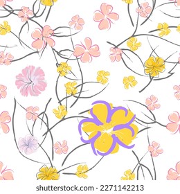 Patrón De Florecimiento De Flores Rosadas. Impresión floral de color de agua pastel. Flor rosada, amarilla, lagaríaca en hojas grises. Fondo elegante del pincel Superficie de vectores botánicos impecable. Textura Para Las Impresiones De Moda.