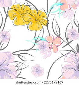 Pink Flowers Blooming Pattern. Pastel Watercolor Floral Print. Little Pink, Yellow, Lilac flower on grey leaf. Elegant brush Background. Seamless Botanical Vector Surface. Texture For Fashion Prints.