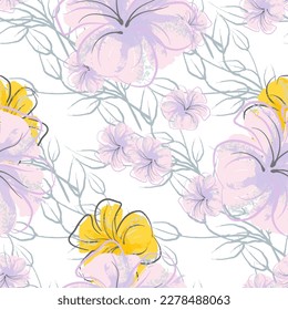 rosafarbene Blumen blühendes Muster. Pastellwasserfarbe Blumendruck. Little Pink, Gelb, Lilac Blume auf grauem Blatt. Eleganter Bürstenhintergrund. Nahtlose botanische Vektoroberfläche. Textur für Modedrucke.