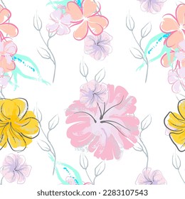 Pink Flowers Blooming Pattern. Pastel Watercolor Floral Print. Little Pink, Yellow, Lilac flower on grey leaf. Elegant brush Background. Seamless Botanical Vector Surface. Texture For Fashion Prints.