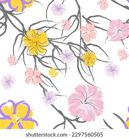 Patrón De Florecimiento De Flores Rosadas. Impresión floral de color de agua pastel. Flor rosada, amarilla, lagaríaca en hojas grises. Fondo elegante del pincel Superficie de vectores botánicos impecable. Textura Para Las Impresiones De Moda.