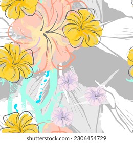 Pink Flowers Blooming Pattern. Pastel Watercolor Floral Print. Little Pink, Yellow, Lilac flower on grey leaf. Elegant brush Background. Seamless Botanical Vector Surface. Texture For Fashion Prints.