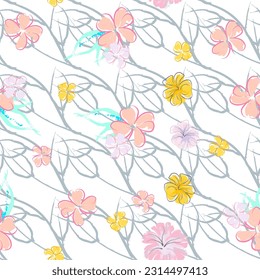 Pink Flowers Blooming Pattern. Pastel Watercolor Floral Print. Little Pink, Yellow, Lilac flower on grey leaf. Elegant brush Background. Seamless Botanical Vector Surface. Texture For Fashion Prints.