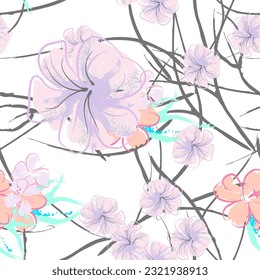 Patrón De Florecimiento De Flores Rosadas. Impresión floral de color de agua pastel. Flor rosada, amarilla, lagaríaca en hojas grises. Fondo elegante del pincel Superficie de vectores botánicos impecable. Textura Para Las Impresiones De Moda.