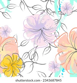 Pink Flowers Blooming Pattern. Pastel Watercolor Floral Print. Little Pink, Yellow, Lilac flower on grey leaf. Elegant brush Background. Seamless Botanical Vector Surface. Texture For Fashion Prints.