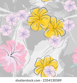 Pink Flowers Blooming Pattern. Pastel Watercolor Floral Print. Little Pink, Yellow, Lilac flower on grey leaf. Elegant brush Background. Seamless Botanical Vector Surface. Texture For Fashion Prints.