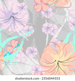 Pink Flowers Blooming Pattern. Pastel Watercolor Floral Print. Little Pink, Yellow, Lilac flower on grey leaf. Elegant brush Background. Seamless Botanical Vector Surface. Texture For Fashion Prints.