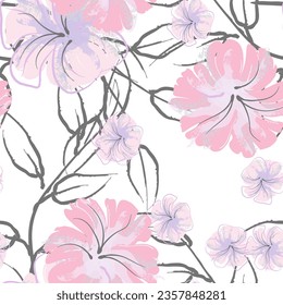 Pink Flowers Blooming Pattern. Pastel Watercolor Floral Print. Little Pink, Yellow, Lilac flower on grey leaf. Elegant brush Background. Seamless Botanical Vector Surface. Texture For Fashion Prints.