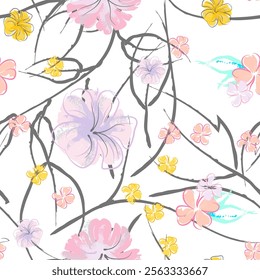 Pink Flowers Blooming Pattern. Pastel Watercolor Floral Print. Little Pink, Yellow, Lilac flower on grey leaf. Elegant brush Background. Seamless Botanical Vector Surface. Texture For Fashion Prints.