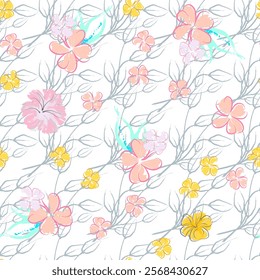 Pink Flowers Blooming Pattern. Pastel Watercolor Floral Print. Little Pink, Yellow, Lilac flower on grey leaf. Elegant brush Background. Seamless Botanical Vector Surface. Texture For Fashion Prints.