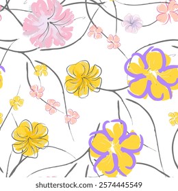 Pink Flowers Blooming Pattern. Pastel Watercolor Floral Print. Little Pink, Yellow, Lilac flower on grey leaf. Elegant brush Background. Seamless Botanical Vector Surface. Texture For Fashion Prints.