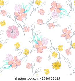 Pink Flowers Blooming Pattern. Pastel Watercolor Floral Print. Little Pink, Yellow, Lilac flower on grey leaf. Elegant brush Background. Seamless Botanical Vector Surface. Texture For Fashion Prints.