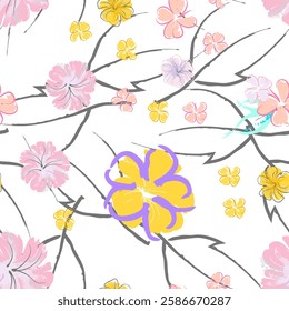 Pink Flowers Blooming Pattern. Pastel Watercolor Floral Print. Little Pink, Yellow, Lilac flower on grey leaf. Elegant brush Background. Seamless Botanical Vector Surface. Texture For Fashion Prints.