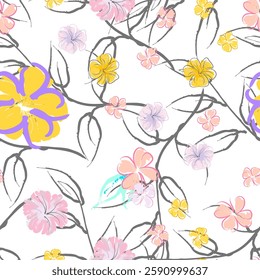 Pink Flowers Blooming Pattern. Pastel Watercolor Floral Print. Little Pink, Yellow, Lilac flower on grey leaf. Elegant brush Background. Seamless Botanical Vector Surface. Texture For Fashion Prints.