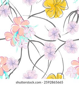 Pink Flowers Blooming Pattern. Pastel Watercolor Floral Print. Little Pink, Yellow, Lilac flower on grey leaf. Elegant brush Background. Seamless Botanical Vector Surface. Texture For Fashion Prints.