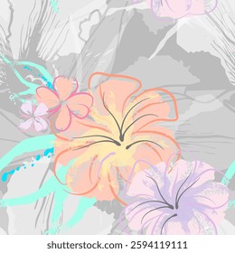 Pink Flowers Blooming Pattern. Pastel Watercolor Floral Print. Little Pink, Yellow, Lilac flower on grey leaf. Elegant brush Background. Seamless Botanical Vector Surface. Texture For Fashion Prints.