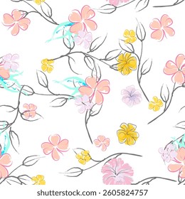 Pink Flowers Blooming Pattern. Pastel Watercolor Floral Print. Little Pink, Yellow, Lilac flower on grey leaf. Elegant brush Background. Seamless Botanical Vector Surface. Texture For Fashion Prints.