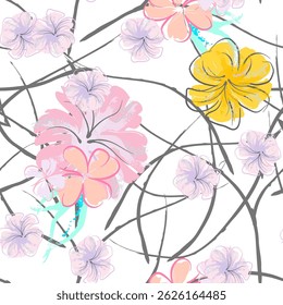 Flores rosadas floreciendo patrón. Impresión floral de la acuarela pastel. Pequeña flor rosada, amarilla, lila en la hoja gris. Fondo de pincel elegante. Superficie de Vector botánico sin costuras. Textura Para Estampados De Moda.