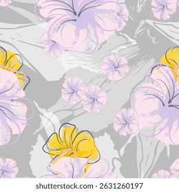 Pink Flowers Blooming Pattern. Pastel Watercolor Floral Print. Little Pink, Yellow, Lilac flower on grey leaf. Elegant brush Background. Seamless Botanical Vector Surface. Texture For Fashion Prints.