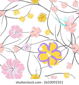 Flores Cor-De-Rosa Padrão Florescente. Impressão Floral Aquarela Pastel. Rosa pequeno, amarelo, flor Lilás na folha cinza. Fundo de pincel elegante. Superfície Vetorial Botânica Sem Costura. Textura Para Impressão De Moda.