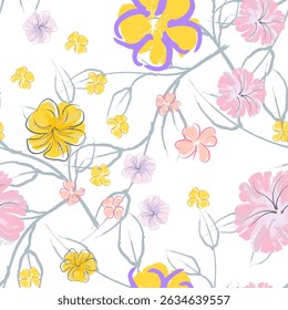 Pink Flowers Blooming Pattern. Pastel Watercolor Floral Print. Little Pink, Yellow, Lilac flower on grey leaf. Elegant brush Background. Seamless Botanical Vector Surface. Texture For Fashion Prints.