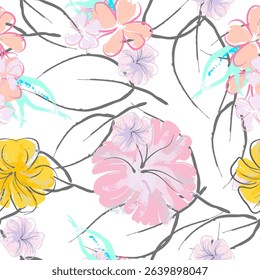 Pink Flowers Blooming Pattern. Pastel Watercolor Floral Print. Little Pink, Yellow, Lilac flower on grey leaf. Elegant brush Background. Seamless Botanical Vector Surface. Texture For Fashion Prints.