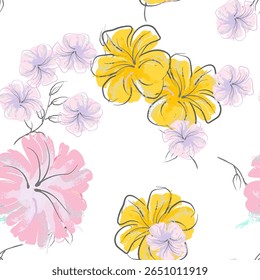 Pink Flowers Blooming Pattern. Pastel Watercolor Floral Print. Little Pink, Yellow, Lilac flower on grey leaf. Elegant brush Background. Seamless Botanical Vector Surface. Texture For Fashion Prints.