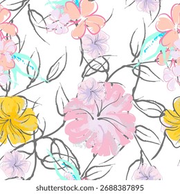 Flores rosadas floreciendo patrón. Impresión floral de la acuarela pastel. Pequeña flor rosada, amarilla, lila en la hoja gris. Fondo de pincel elegante. Superficie de Vector botánico sin costuras. Textura Para Estampados De Moda.