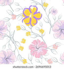 Pink Flowers Blooming Pattern. Pastel Watercolor Floral Print. Little Pink, Yellow, Lilac flower on grey leaf. Elegant brush Background. Seamless Botanical Vector Surface. Texture For Fashion Prints.