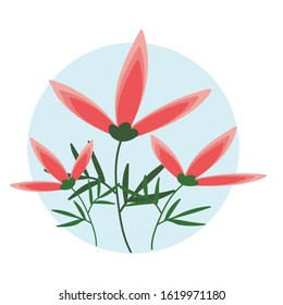 pink flowers in a blue circle vector illustration green stems
