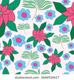flores cor-de-rosa, flores azuis com arbusto verde folhosa sem costura padrão. rosa, azul, flores verdes e folhas desenhadas à mão sem costura padrão. É bom para têxteis, tecido, decoração, embalagem e muito mais.