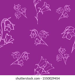 Pink flowers bluebells on a purple background. Seamless pattern. Hand-drawn. Soft color. Vector illustration. Suitable for banner, postcard, design.