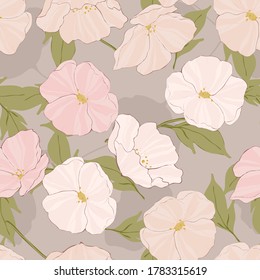 Pink Flowers Botanical Vector Seamless Pattern. Retro Garden Pattern. Flower Elegance Background. White Poppies Design.