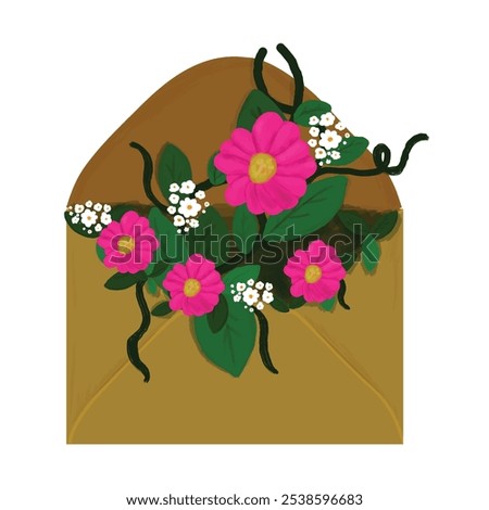 pink flowers and branches in brown envelope on white background. 