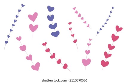 Pink flowers or branches made of hearts with love. Set of heart shaped plants in cute romantic colors for valentines day