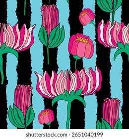 flores e botões cor-de-rosa com listras pretas abstratas padrão sem costura. rosas cor-de-rosa jardim tema flores em listras abstratas pretas padrão sem costura