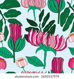 flores cor-de-rosa, botões com folhas verdes e botões de flores cor-de-rosa claros desenhados à mão padrão sem costura. tons e sombras cor-de-rosa com folhas verdes e pétalas padrão sem costura. É bom para tecido, têxtil.