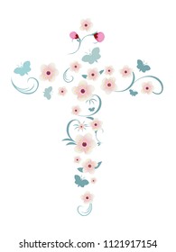 Pink flowers and butterflies forming an elegant vector isolated Christian cross