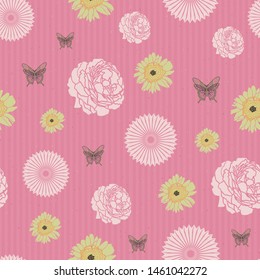 Pink flowers and butterflies pattern print. Roses and sunflowers on kraft paper seamless background design. Vector