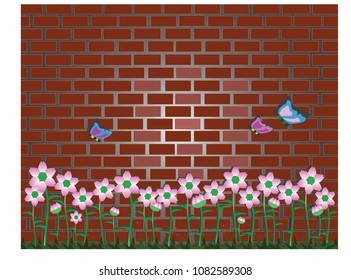 Pink Flowers and Colorful butterflies from imagination in front of brick wall