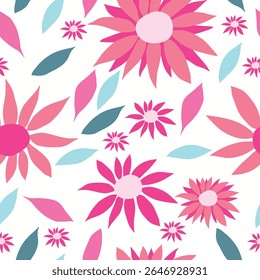pink flowers with colorful simple leaves seamless pattern. Pink flowers with different tints and shade with colored leaves seamless pattern. It is good for tiles, fabric, decoration, textile and more.