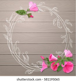 Pink flowers and decorative floral hand drawing frame on wooden background. Vector illustration for greeting card, poster or leaflet.