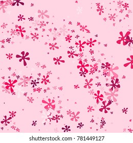 Pink Flowers of Different Sizes on a Pink Background. Abstraction with Flowers. Confetti. Spring. A Scattering of Confetti. Placer from the Flowers. Banner, Textile, Card. Vector Illustration.